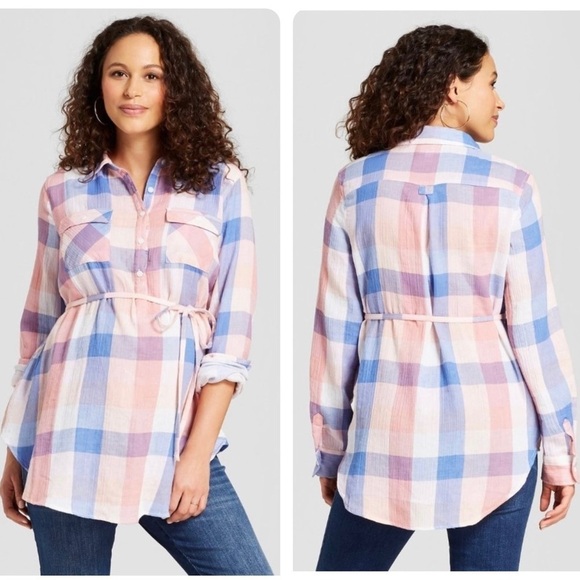 Isabel Maternity by Ingrid & Isabel Plaid Popover Button-Up Tunic Shirt - Picture 1 of 9